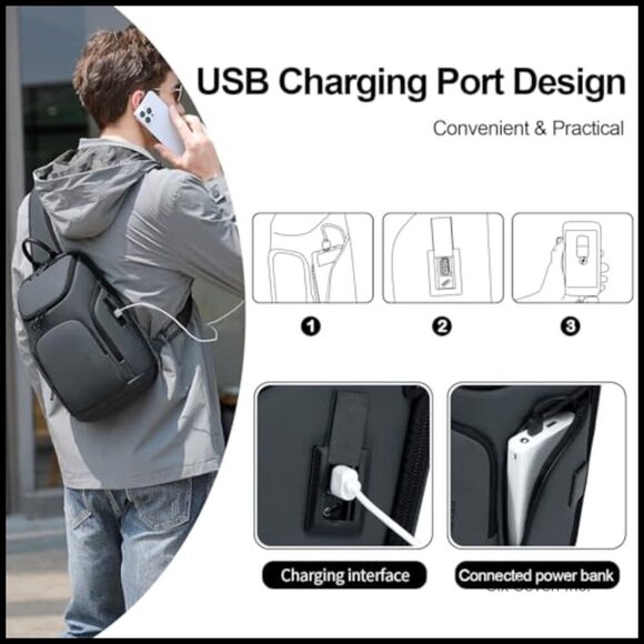 Water-Resistant Oxford Sling Backpack with USB Charging Port main image 7